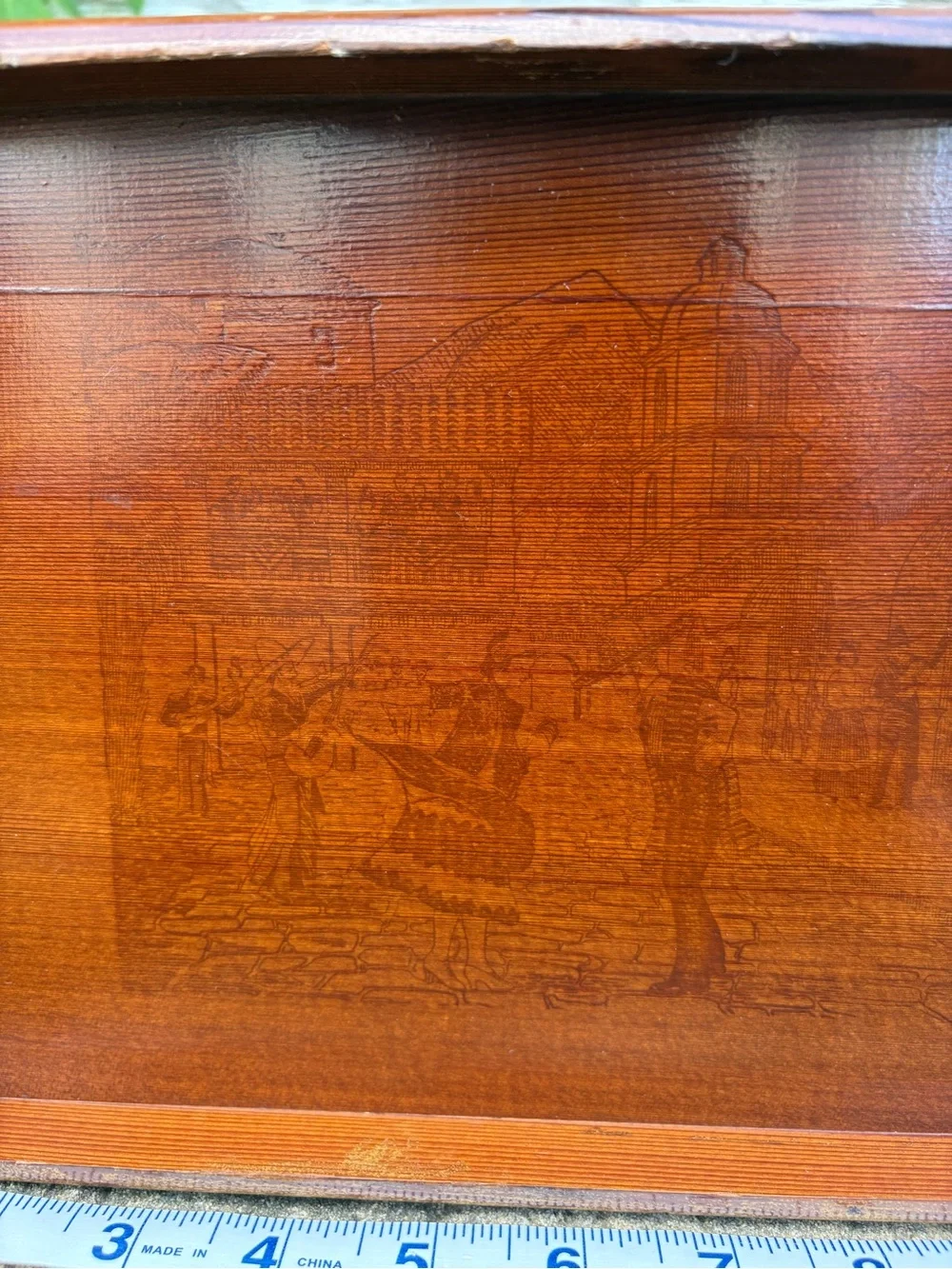 Vintage 1940’s California Redwood Souvenir Tray with Mission Fiesta Scene